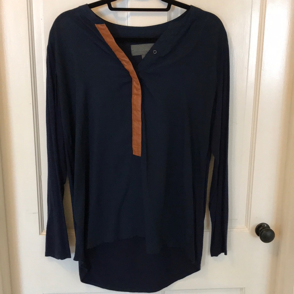 Anthropologie navy top with leather trim small